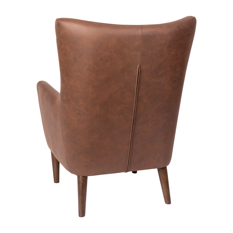 Pemberly Row Wingback Accent Chair with Wooden Legs in Dark Brown Faux Leather
