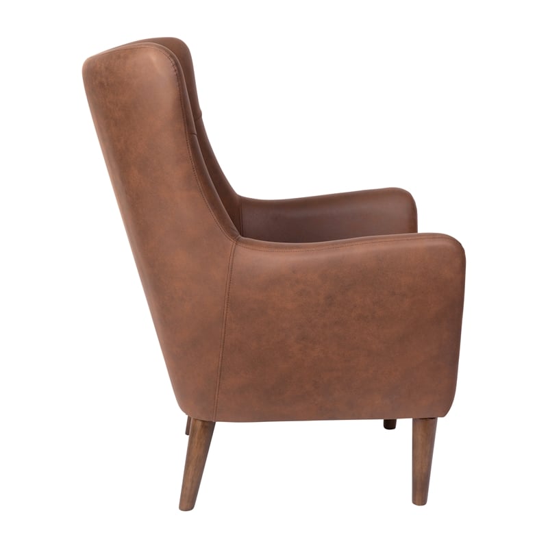 Pemberly Row Wingback Accent Chair with Wooden Legs in Dark Brown Faux Leather