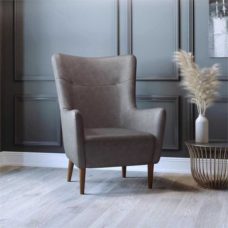 Pemberly Row Wingback Accent Chair with Wooden Legs in Dark Gray Faux Leather