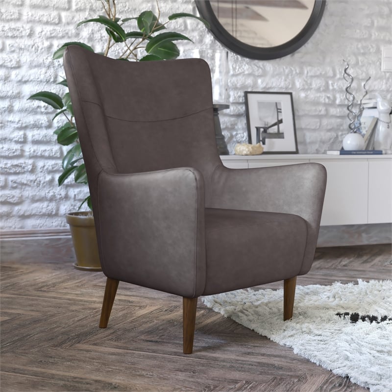 Pemberly Row Wingback Accent Chair with Wooden Legs in Dark Gray Faux Leather