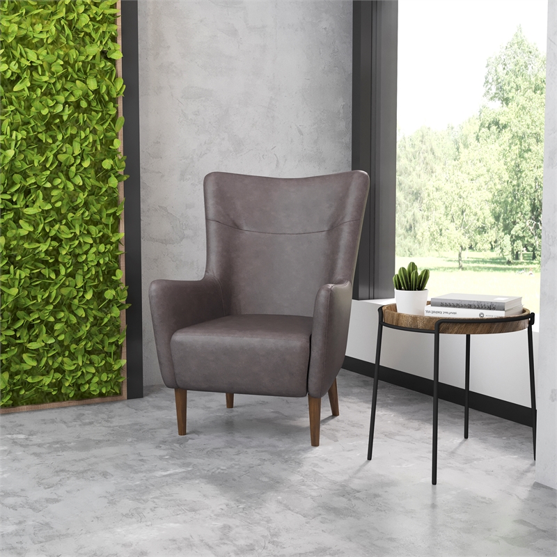 Pemberly Row Wingback Accent Chair with Wooden Legs in Dark Gray Faux Leather