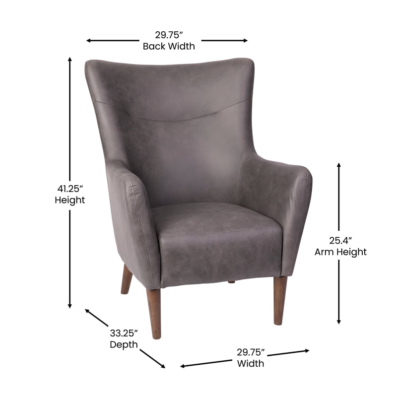 Pemberly Row Wingback Accent Chair with Wooden Legs in Dark Gray Faux Leather