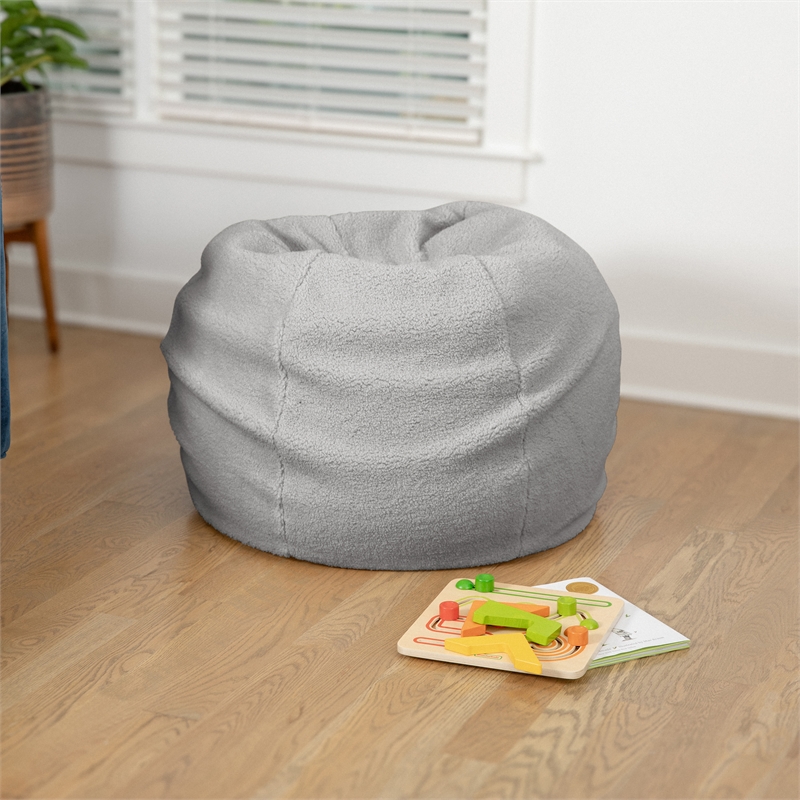 Pemberly Row Small Faux Sherpa Refillable Bean Bag Chair for Kids & Teens - Gray