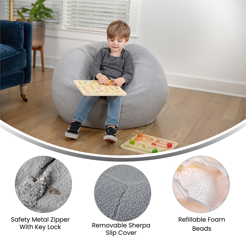 Pemberly Row Small Faux Sherpa Refillable Bean Bag Chair for Kids & Teens - Gray