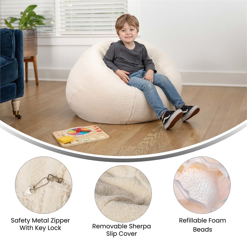 Pemberly Row Small Faux Sherpa Refillable Bean Bag Chair for Kids and Teens