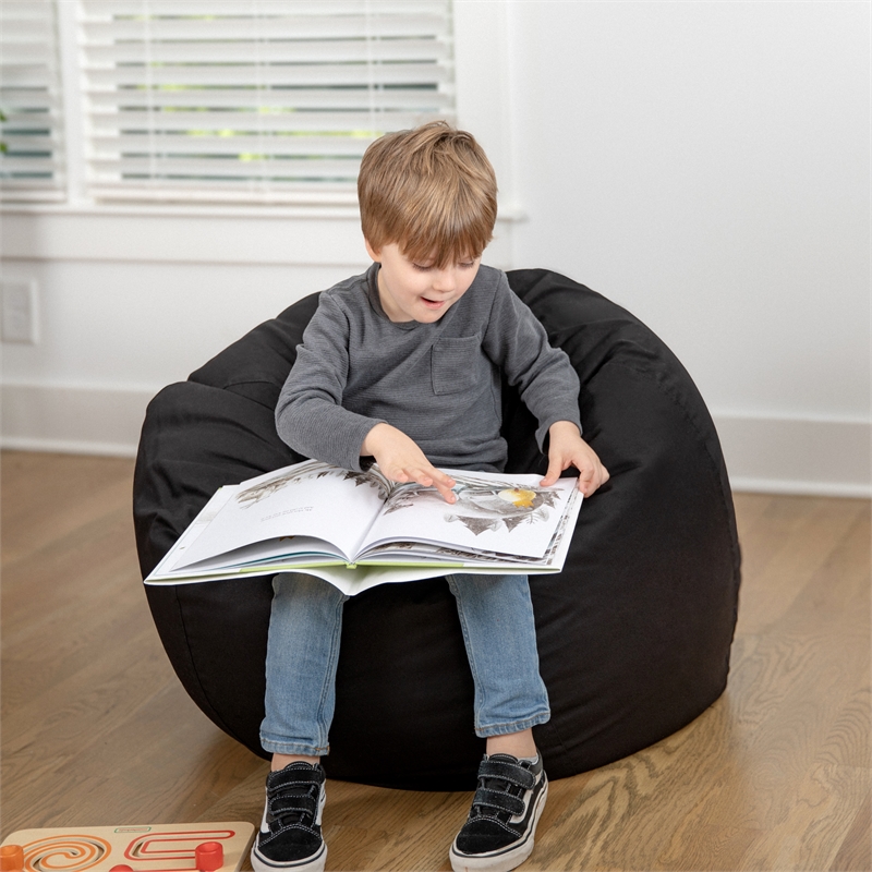 Pemberly Row Small Solid Black Refillable Bean Bag Chair for Kids and Teens