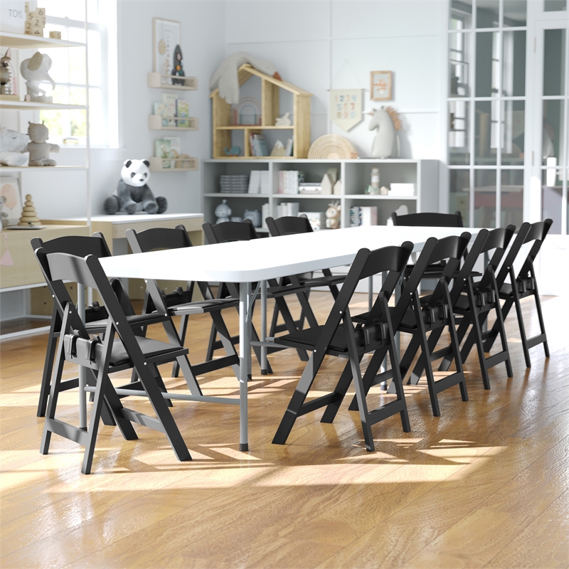 Pemberly Row Kids Black Resin Folding Chair with Black Vinyl Padded Seat