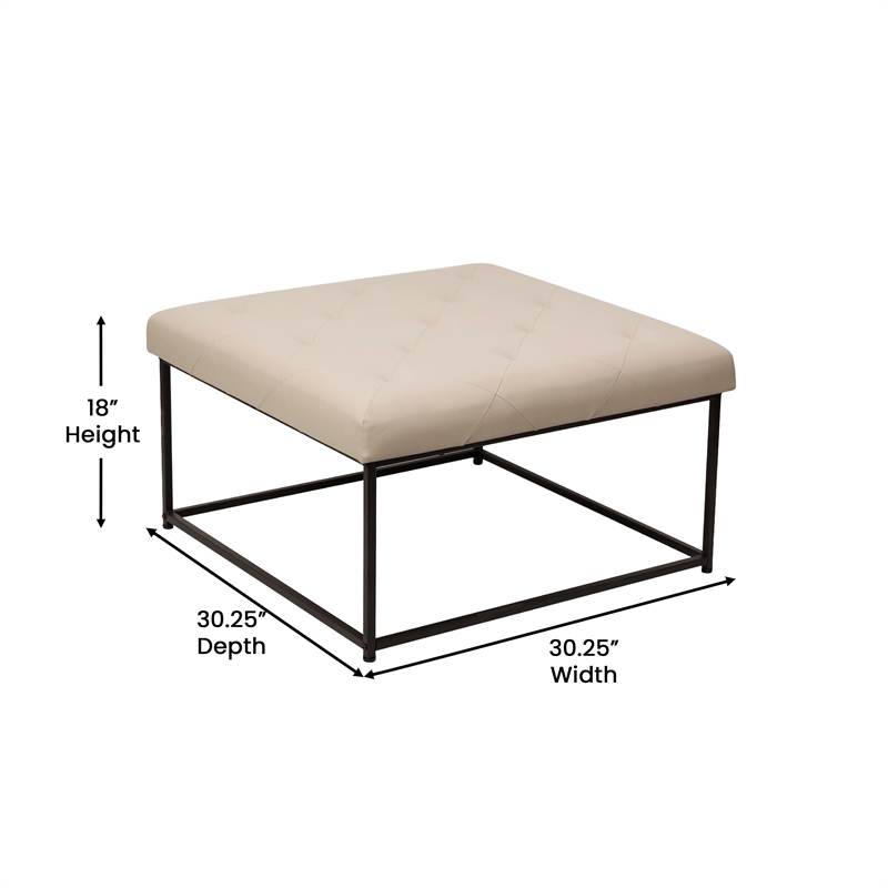 Pemberly Row Square Tufted Ottoman with Black Metal Frame in Beige