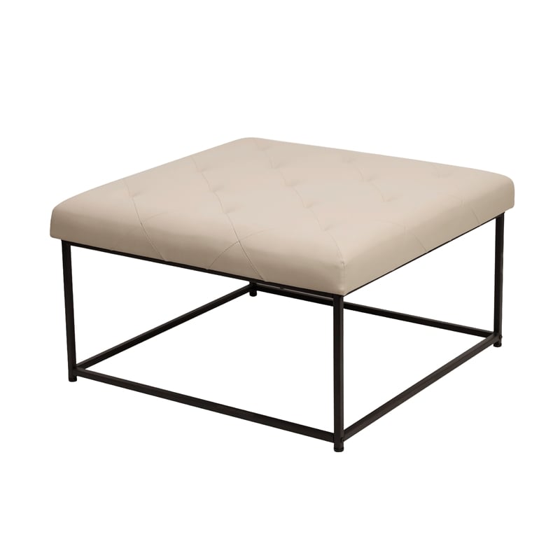 Pemberly Row Square Tufted Ottoman with Black Metal Frame in Beige