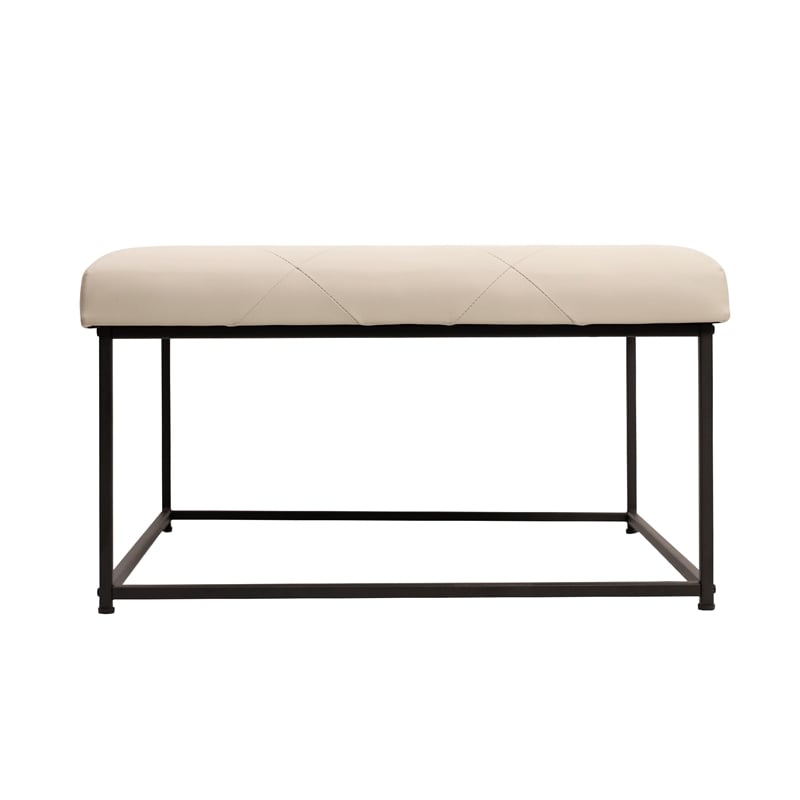 Pemberly Row Square Tufted Ottoman with Black Metal Frame in Beige