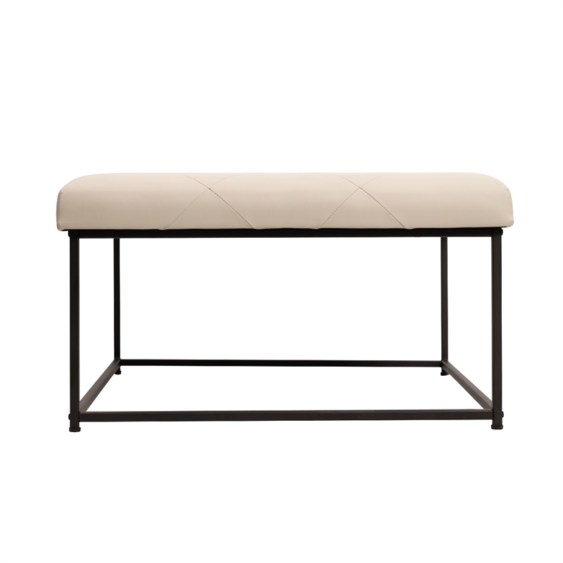 Pemberly Row Square Tufted Ottoman with Black Metal Frame in Beige