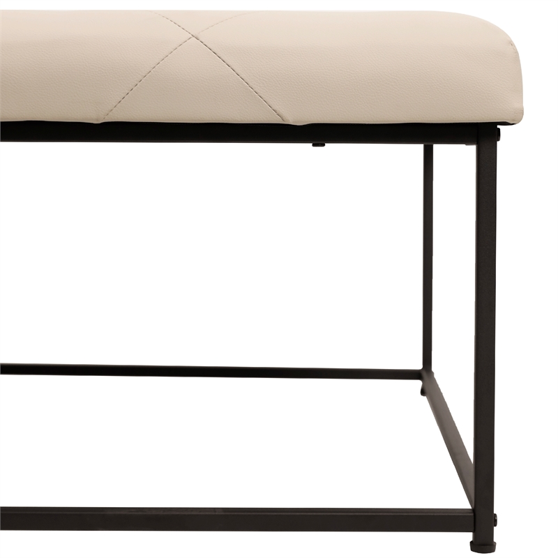 Pemberly Row Square Tufted Ottoman with Black Metal Frame in Beige