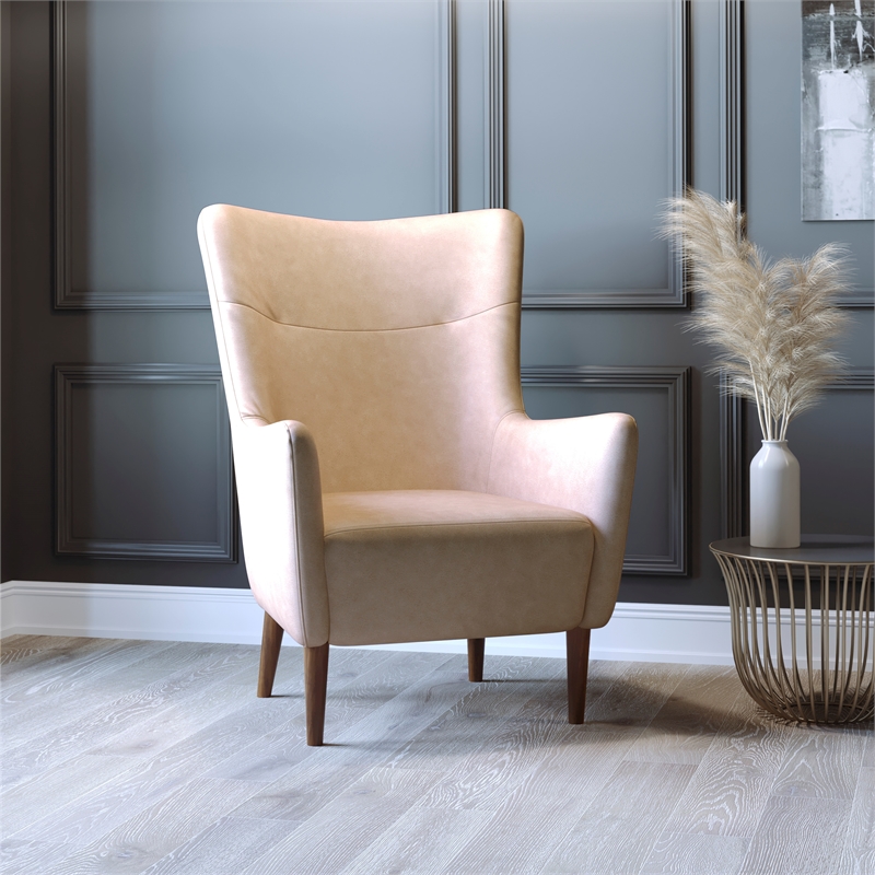 Pemberly Row Wingback Accent Chair with Wooden Legs in Light Brown Faux Leather