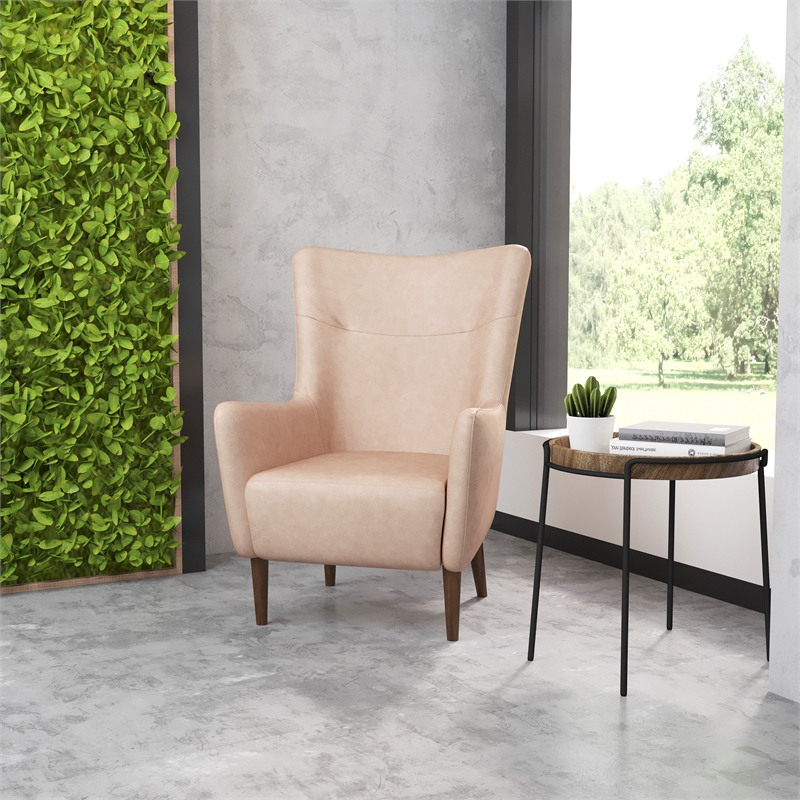Pemberly Row Wingback Accent Chair with Wooden Legs in Light Brown Faux Leather