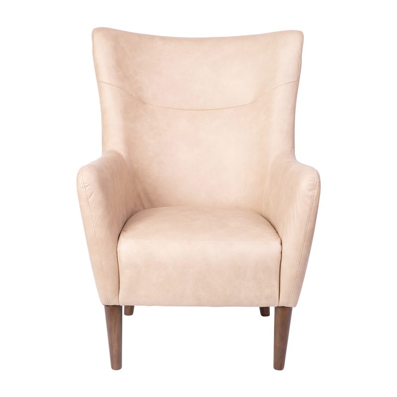 Pemberly Row Wingback Accent Chair with Wooden Legs in Light Brown Faux Leather