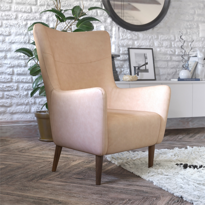 Pemberly Row Wingback Accent Chair with Wooden Legs in Light Brown Faux Leather