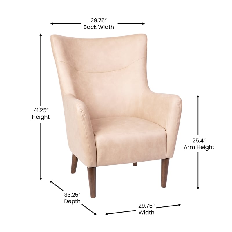 Pemberly Row Wingback Accent Chair with Wooden Legs in Light Brown Faux Leather