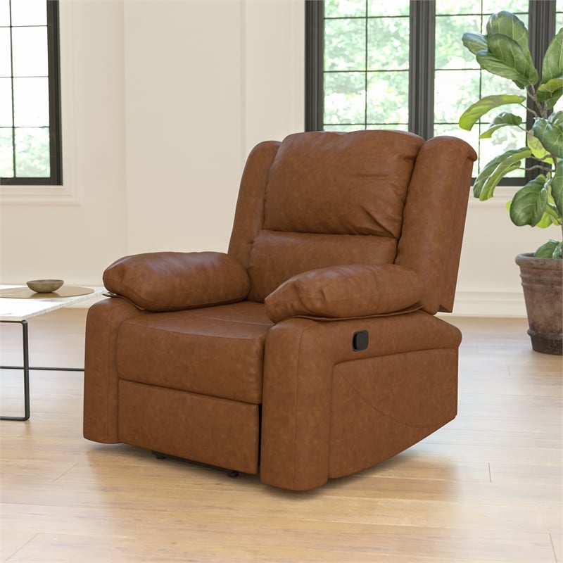 Pemberly Row Contemporary Pillow Back LeatherSoft Recliner in Cognac