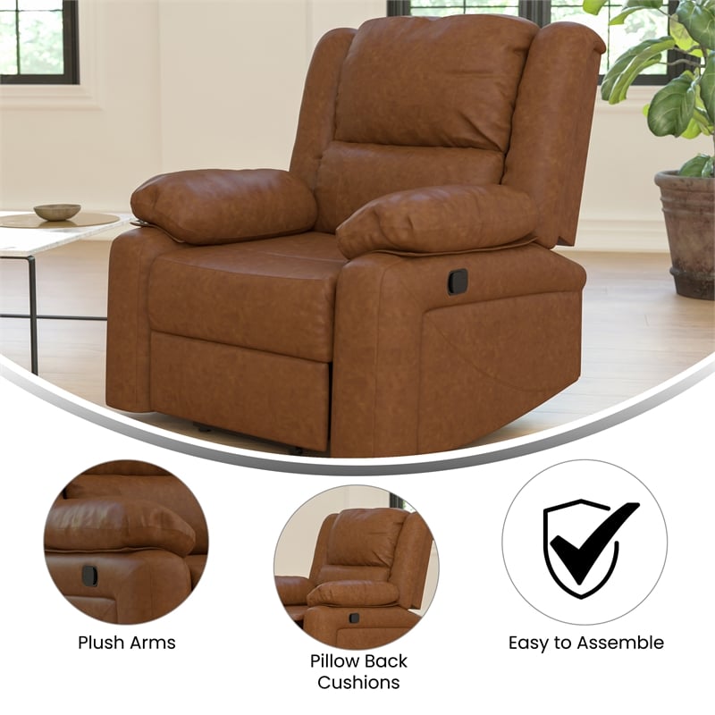 Pemberly Row Contemporary Pillow Back LeatherSoft Recliner in Cognac
