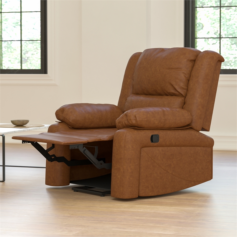 Pemberly Row Contemporary Pillow Back LeatherSoft Recliner in Cognac