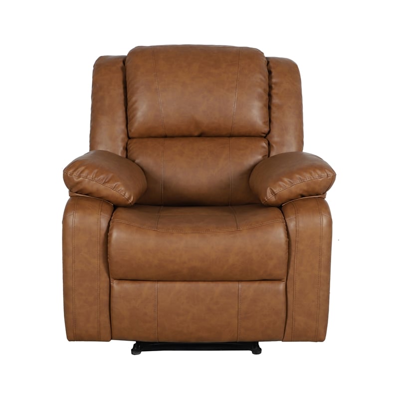 Pemberly Row Contemporary Pillow Back LeatherSoft Recliner in Cognac