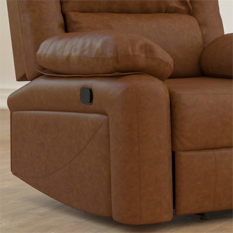 Pemberly Row Contemporary Pillow Back LeatherSoft Recliner in Cognac