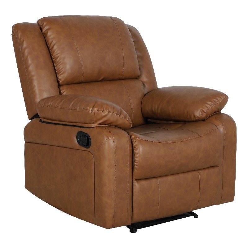 Pemberly Row Contemporary Pillow Back LeatherSoft Recliner in Cognac