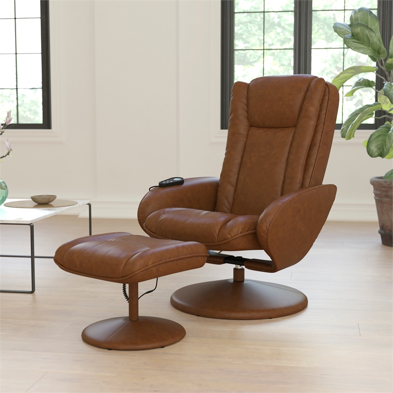 Pemberly Row Massaging Multi-Position Recliner with Ottoman and Pocket in Brown