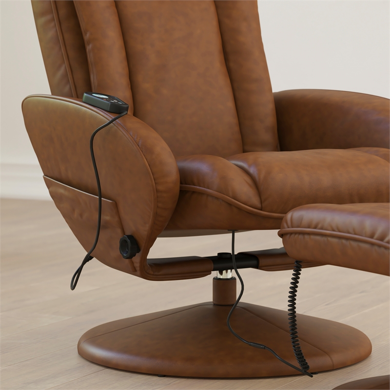 Pemberly Row Massaging Multi-Position Recliner with Ottoman and Pocket in Brown