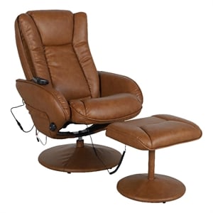Pemberly Row Massaging Multi-Position Recliner with Ottoman and Pocket in Brown