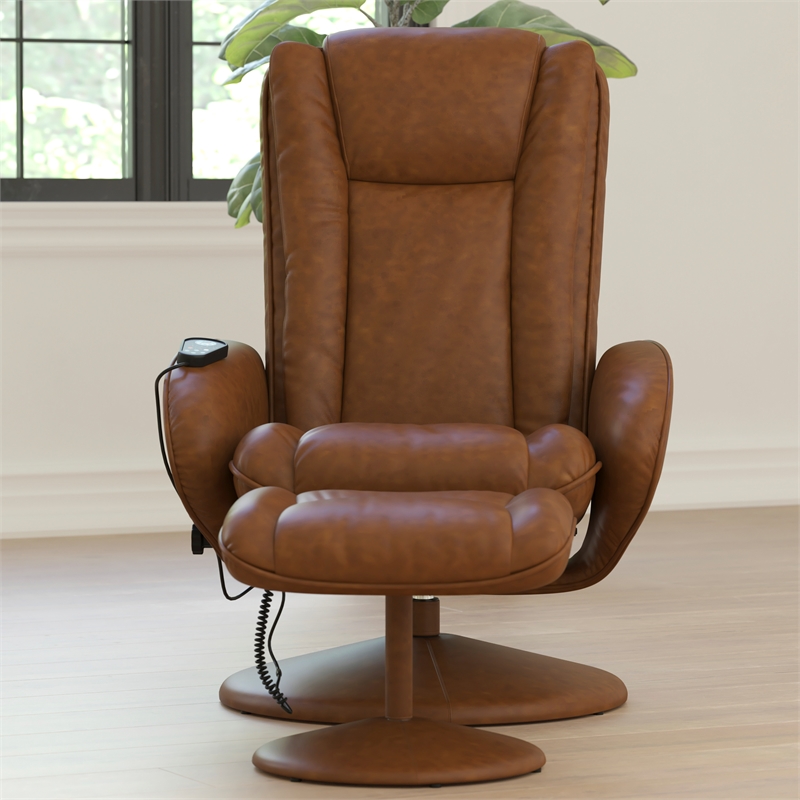 Pemberly Row Massaging Multi-Position Recliner with Ottoman and Pocket in Brown