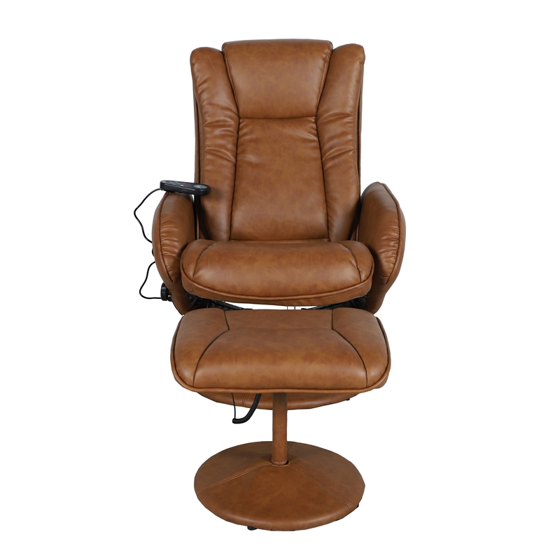 Pemberly Row Massaging Multi-Position Recliner with Ottoman and Pocket in Brown