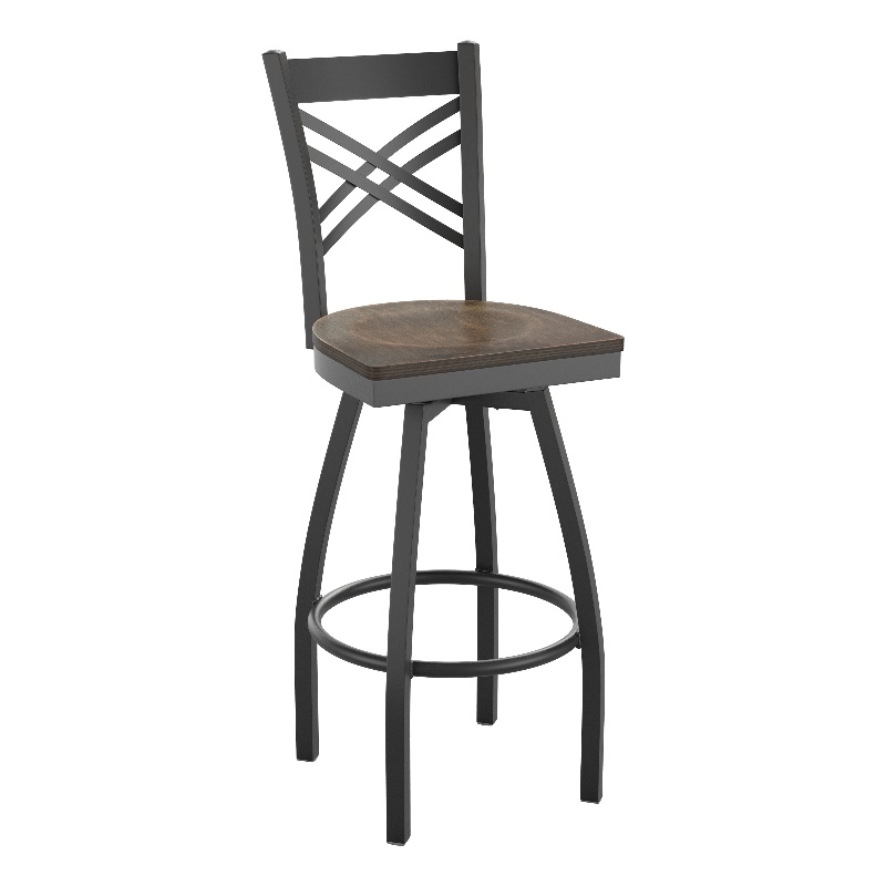 Pemberly Row Black X Back Swivel Metal Barstool with Antique Copper Wood Seat