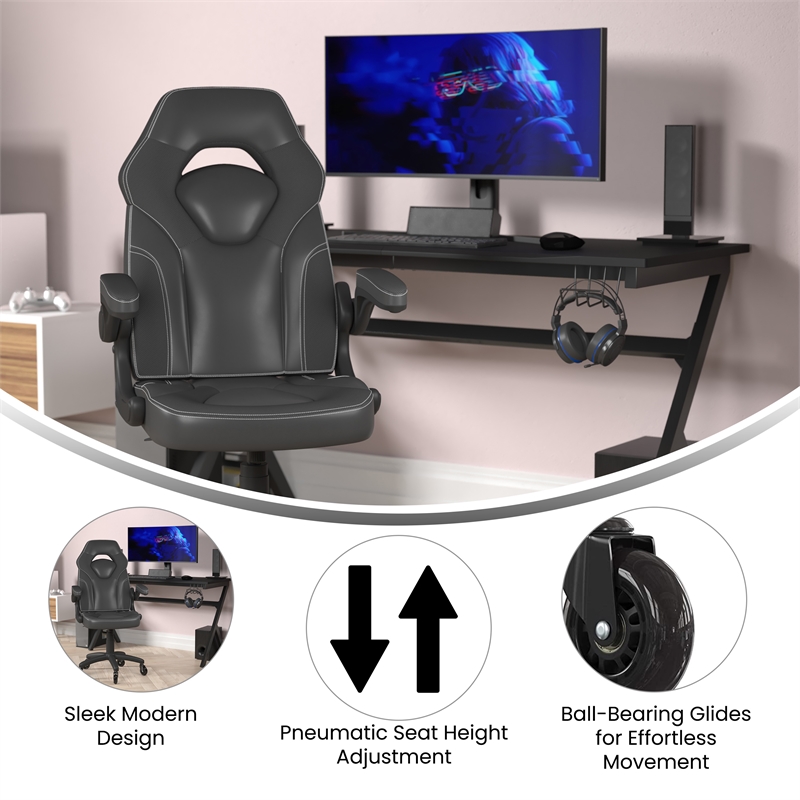 Pemberly Row Office Gaming Chair with Skater Wheels and Flip Up Arms in Black