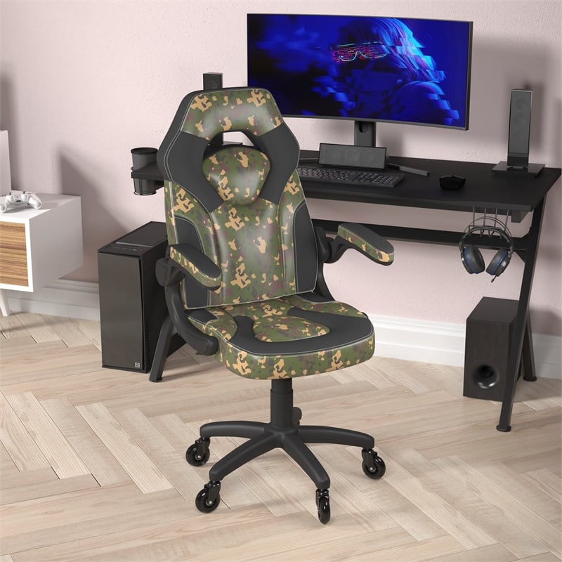 Pemberly Row Office Gaming Chair with Skater Wheels & Flip Up Arms in Camouflage