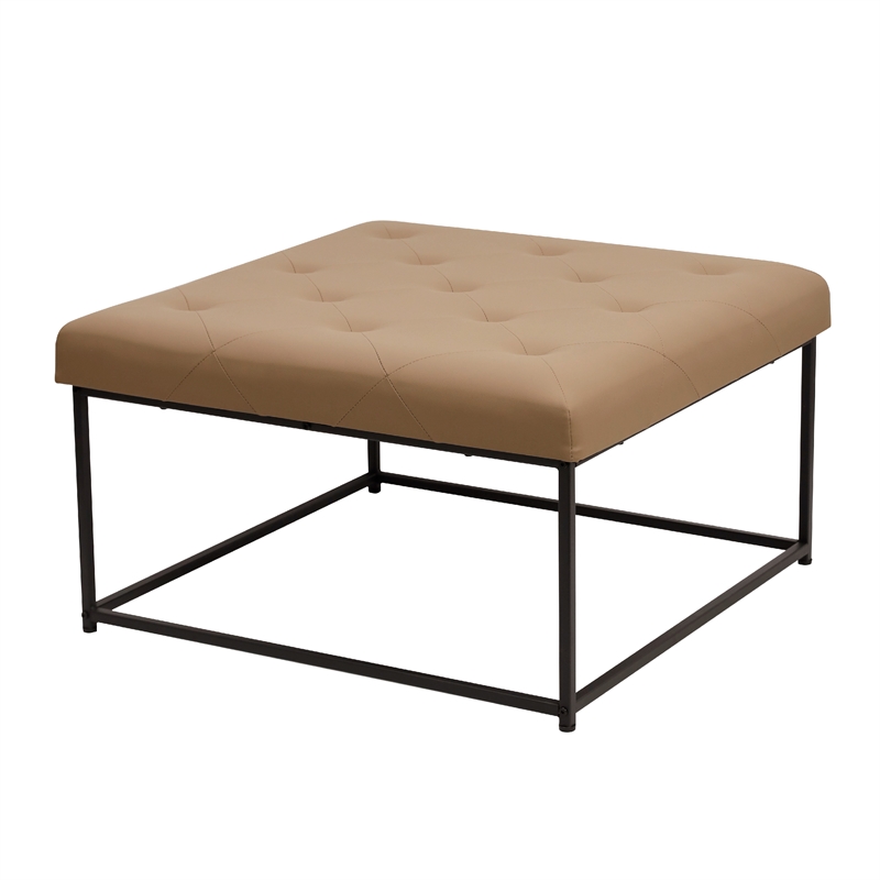 Pemberly Row Square Tufted Ottoman with Black Metal Frame in Light Brown