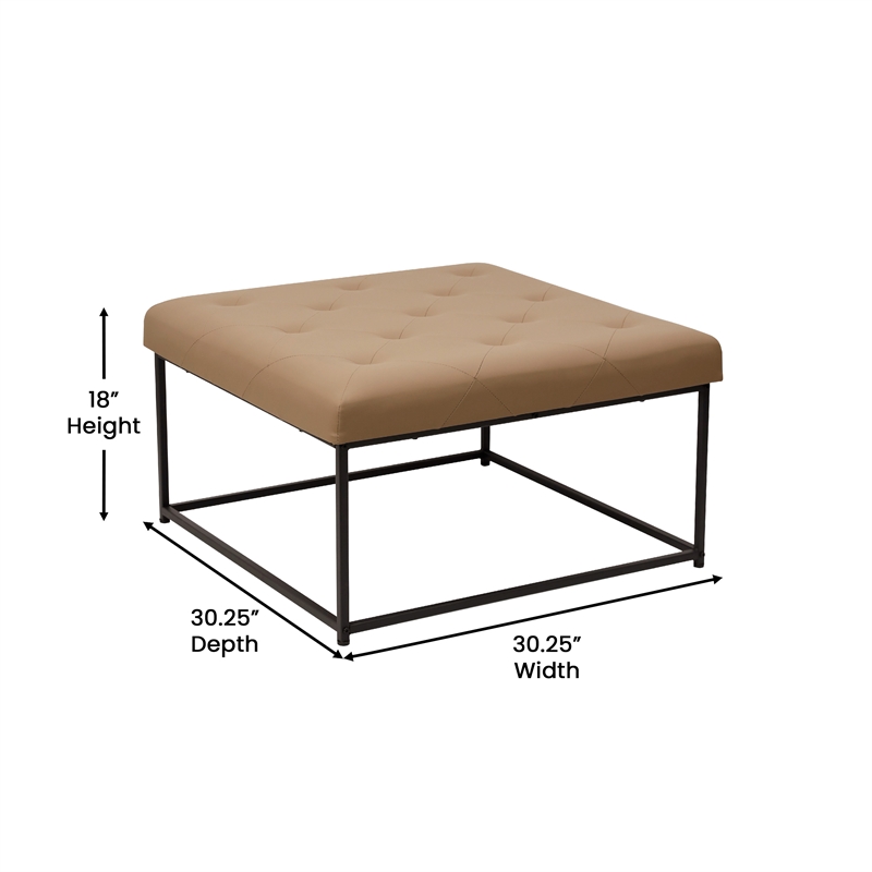 Pemberly Row Square Tufted Ottoman with Black Metal Frame in Light Brown