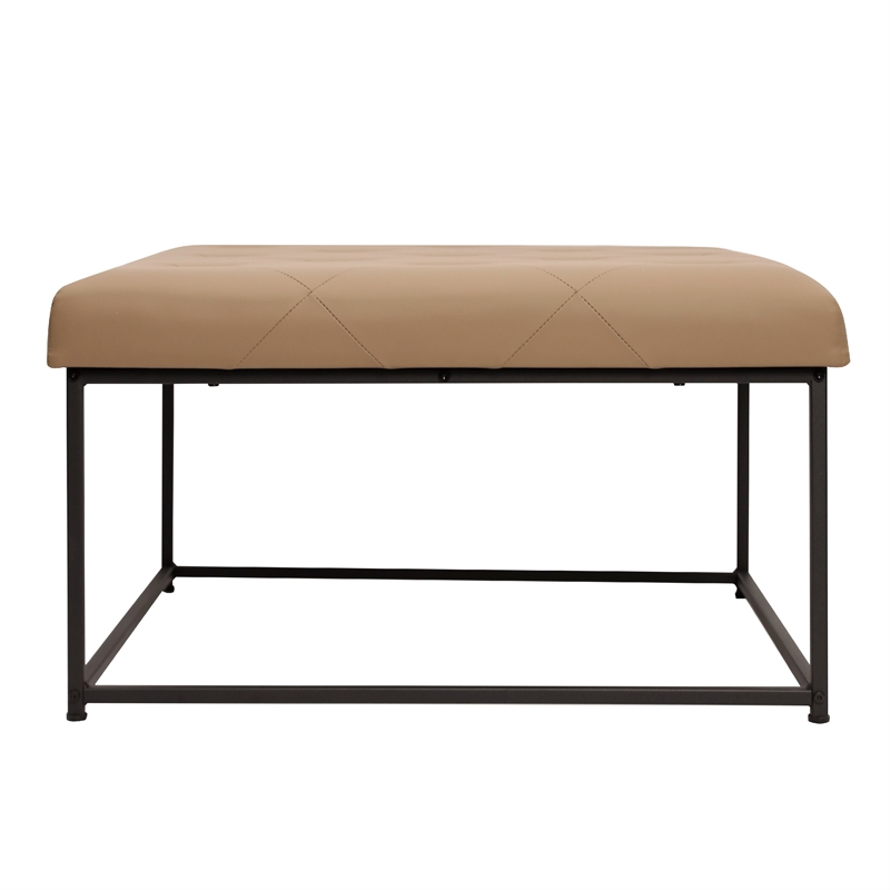 Pemberly Row Square Tufted Ottoman with Black Metal Frame in Light Brown