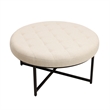 Pemberly Row Round Cotton Linen Tufted Ottoman with Black Metal Frame in Beige