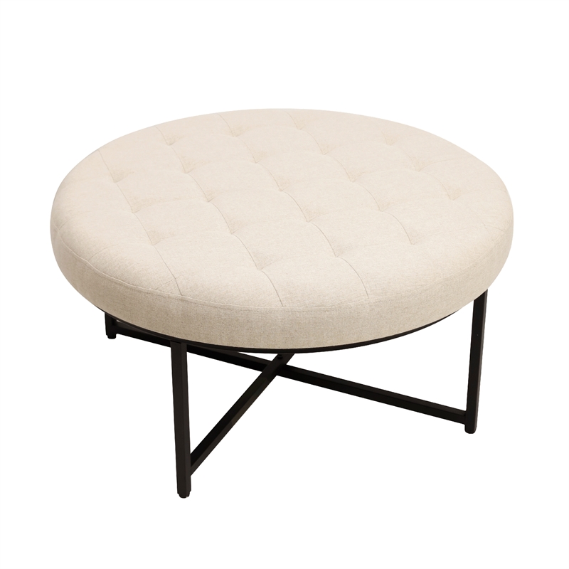Pemberly Row Round Cotton Linen Tufted Ottoman with Black Metal Frame in Beige
