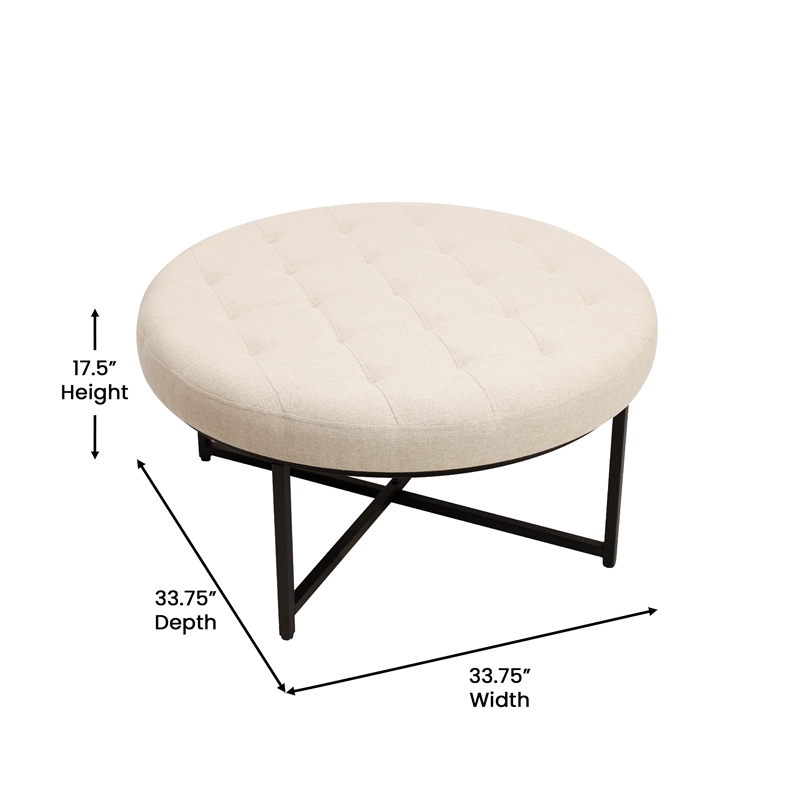 Pemberly Row Round Cotton Linen Tufted Ottoman with Black Metal Frame in Beige