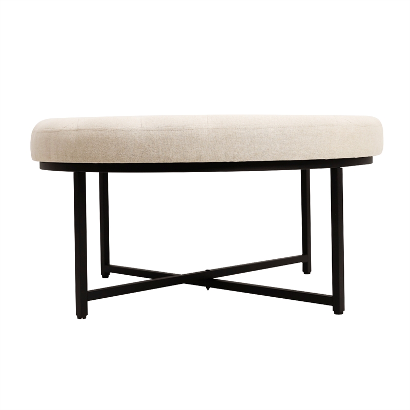 Pemberly Row Round Cotton Linen Tufted Ottoman with Black Metal Frame in Beige