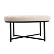 Pemberly Row Round Cotton Linen Tufted Ottoman with Black Metal Frame in Beige