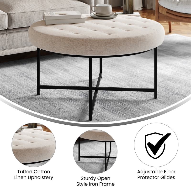 Pemberly Row Round Cotton Linen Tufted Ottoman with Black Metal Frame in Beige