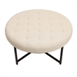 Pemberly Row Round Cotton Linen Tufted Ottoman with Black Metal Frame in Beige
