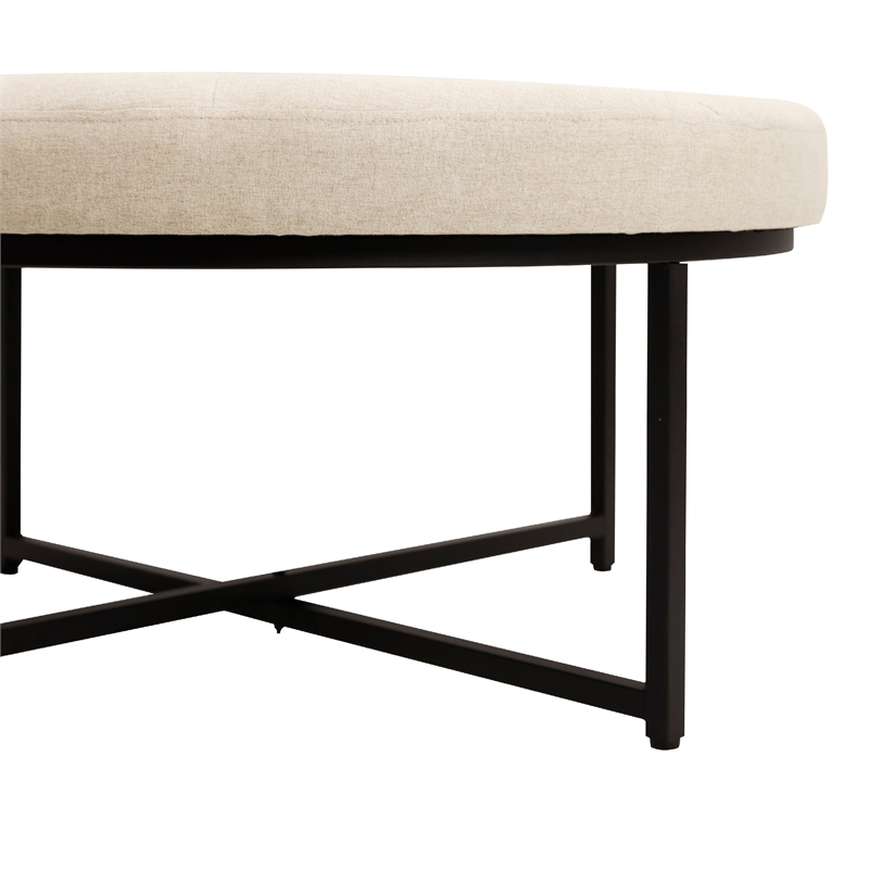 Pemberly Row Round Cotton Linen Tufted Ottoman with Black Metal Frame in Beige
