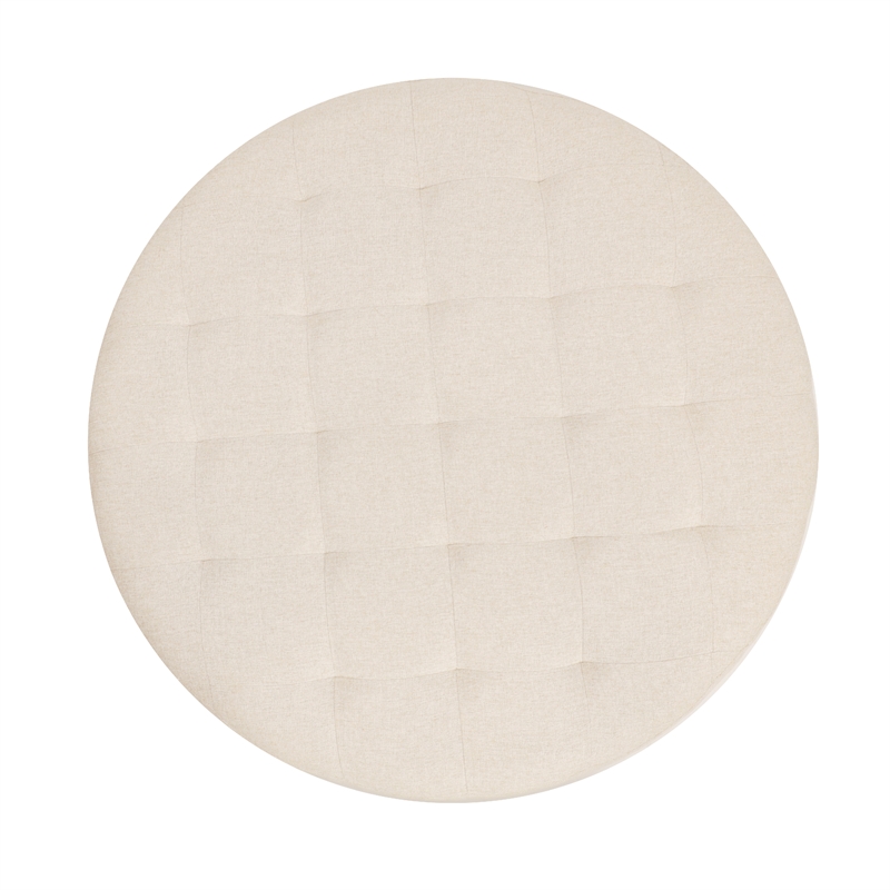 Pemberly Row Round Cotton Linen Tufted Ottoman with Black Metal Frame in Beige