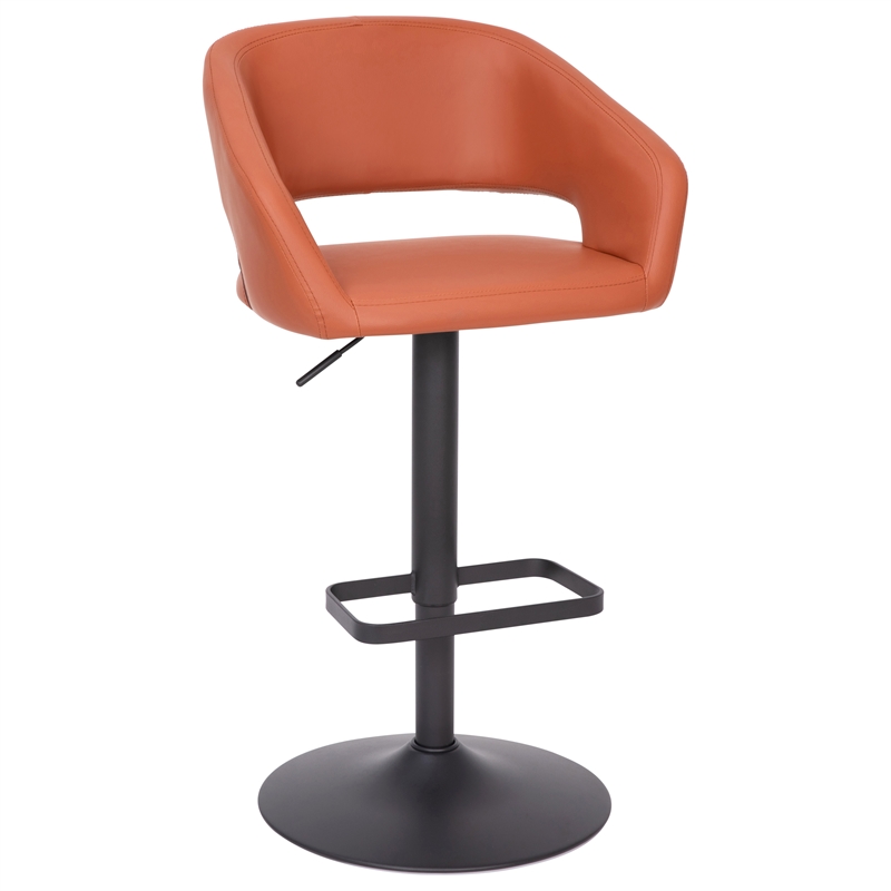 Pemberly Row Adjustable Height Barstool with Mid-Back & Black Base in Cognac