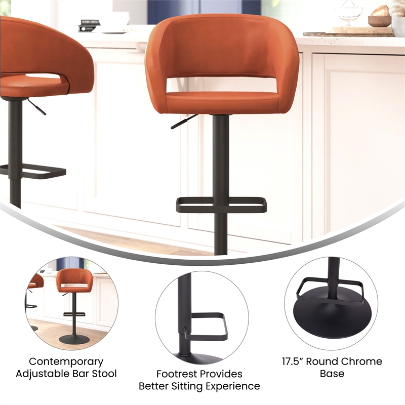 Pemberly Row Adjustable Height Barstool with Mid-Back & Black Base in Cognac