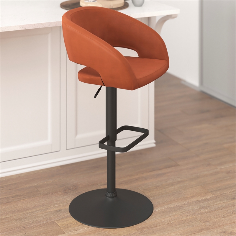 Pemberly Row Adjustable Height Barstool with Mid-Back & Black Base in Cognac